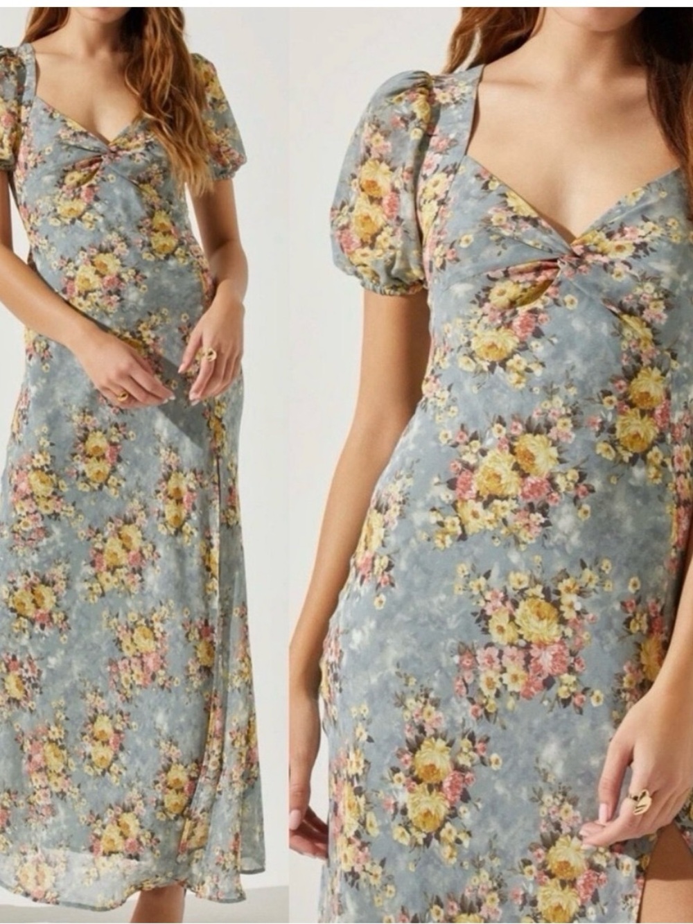 ASTR Sweetheart Puff-Sleeve Midi Dress in Dusty Blue
